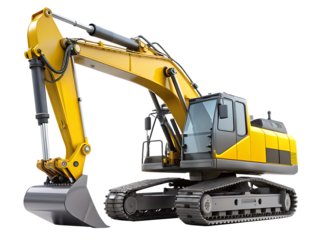 Heavy yellow excavator machine with metal bucket and tracks isolated on a transparent background image
