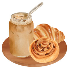 Iced Coffee with Croissant and Cinnamon Roll