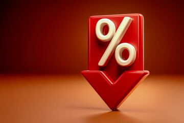 Concept of a discount or falling interest rate symbol with percentage and downward arrow