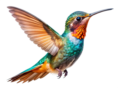 Iridescent hummingbird hovering with wings spread isolated on a transparent background flight feathers