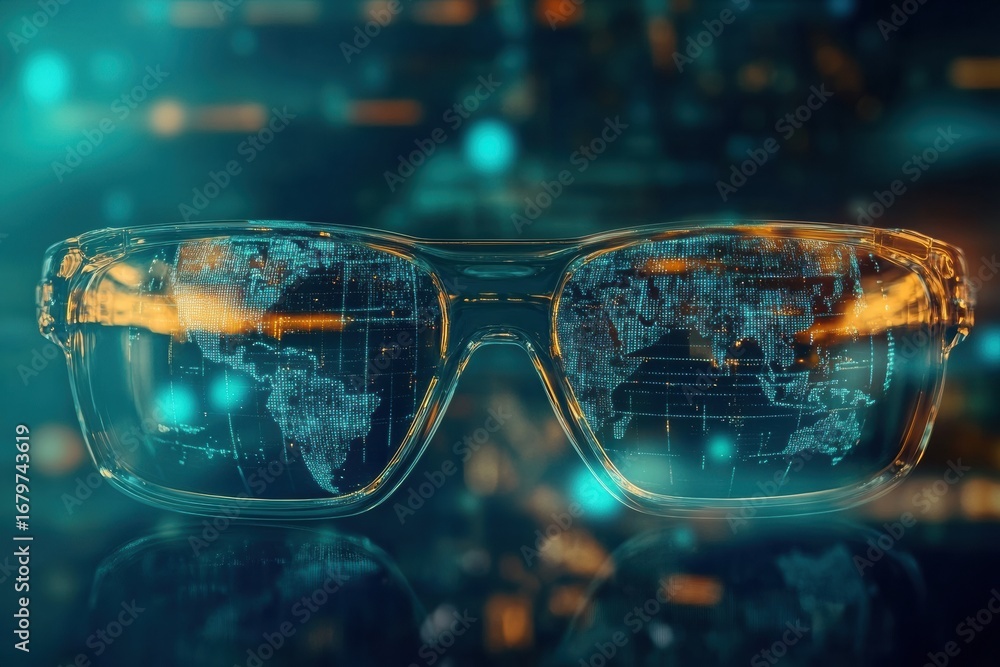 Poster futuristic glasses displaying a digital world map against a blurred background of technology and dat