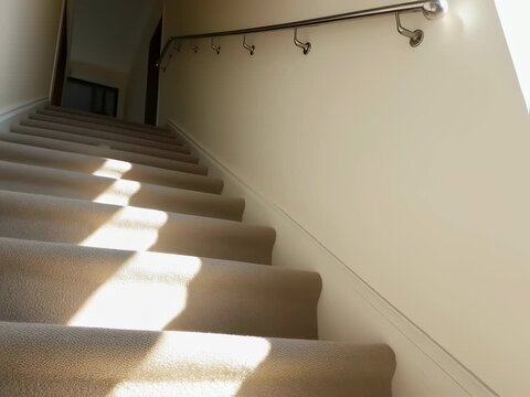 Sunlight moving across carpeted stairs throughout the day, highlighting a discarded sock and empty steps, time lapse footage.