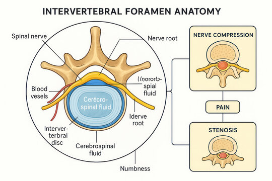 Intervertebral Foramen Anatomy Illustration showing nerve compression, stenosis, pain and numbness.