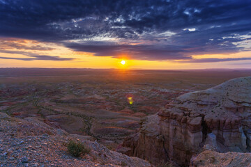 Colorful striped canyons at sunrise Mongolia