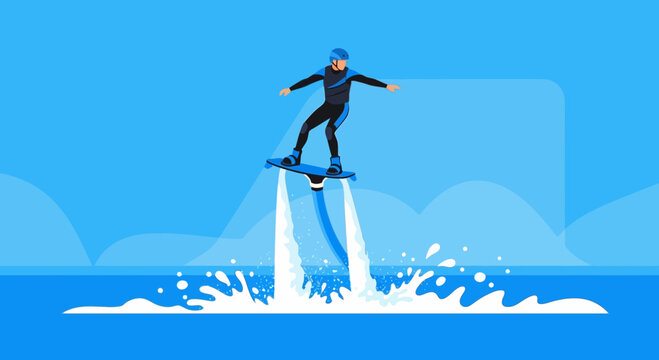 Athlete Hovering On A Flyboard Over Water With Blue Sky Background Vector Illustration Sports