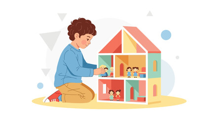 Boy Playing with Dollhouse Depicting Imagination, Fantasy, and Early Childhood Fun