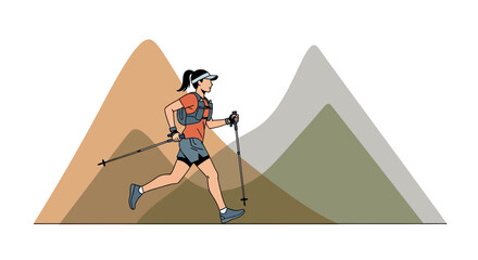 Fototapeta premium Athlete Running Through The Mountains With Poles, Perfect For Outdoor Activities