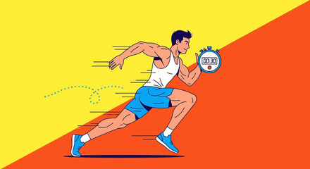 Athlete Sprinting While Holding Stopwatch Depicting Race Speed and Time Measurement