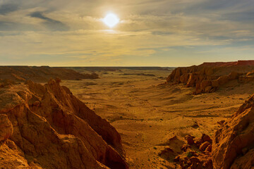 Bayanzag flaming cliffs at sunset in Mongolia
