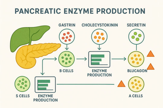 Pancreatic Enzyme Production Illustration, Diagram showing Gastrin, Cholecystokinin, Secretin, B-Cells, S-Cells, Glucagon, A-Cells [Illustration]