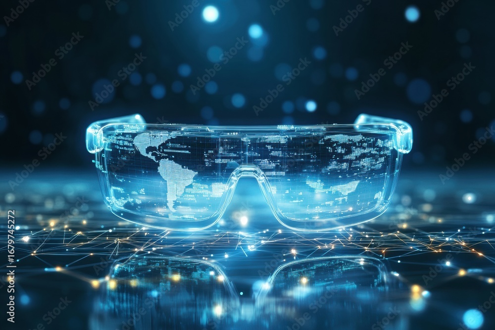 Poster innovative augmented reality glasses display a digital world map with network connections in a futur
