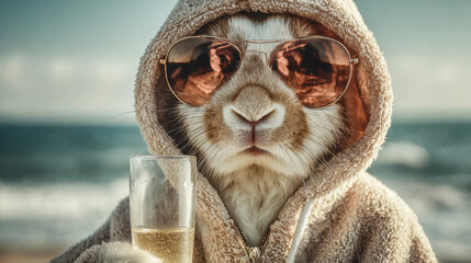 Playful sea lion dressed in a cozy hoodie and sunglasses enjoying a sunny day by the beach with a glass of sparkling beverage in hand