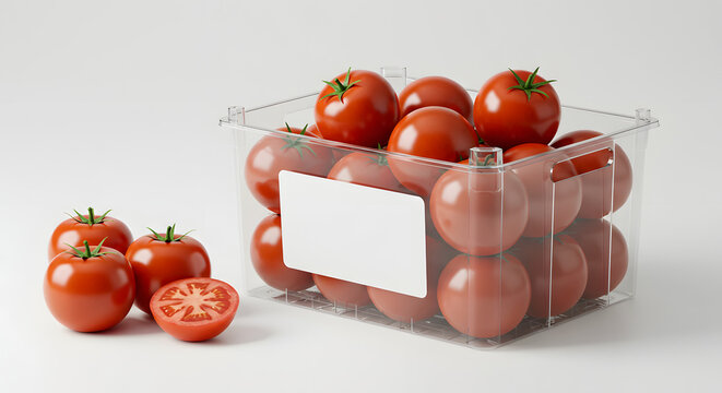 omato box with tomatoes outside, clear tray, blank sticker, on white