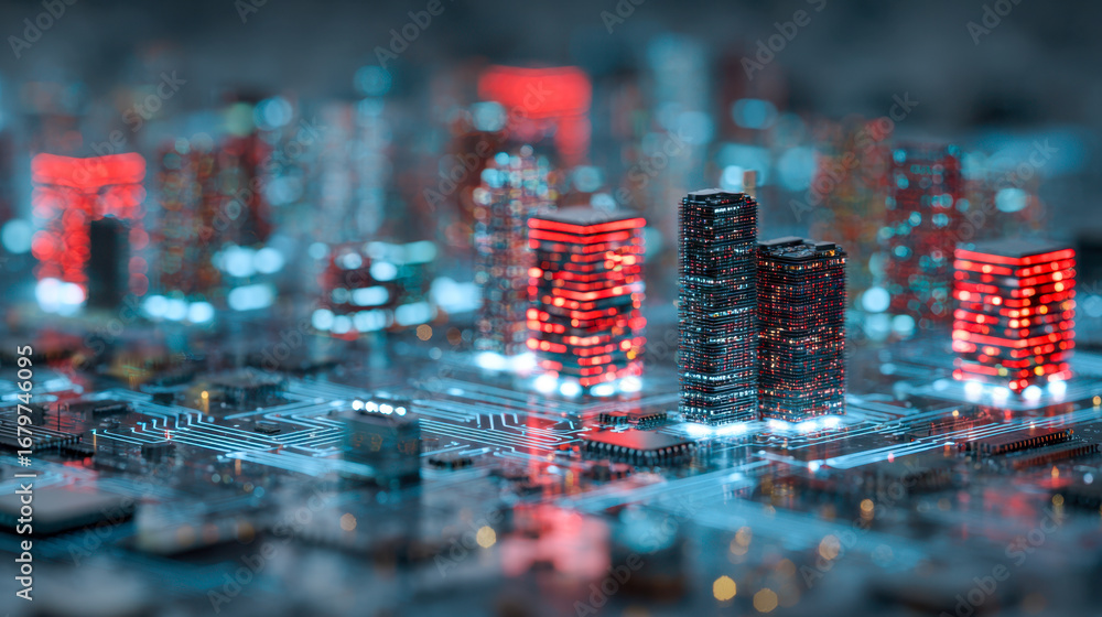 Poster futuristic digital cityscape featuring glowing skyscraper-like circuits illuminated with vibrant red