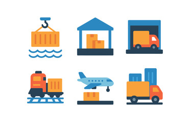 vector colorful flat filled icons freight inspector (workspace): shipping dock warehouse floor cargo bay train yard airport terminal truck lot.