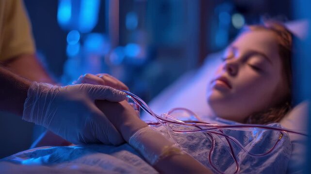 Medium shot of perfusionist inspecting ECMO circuit flow beside sleeping pediatric patient clear view of hands and circuit lines hospital background gently faded out.