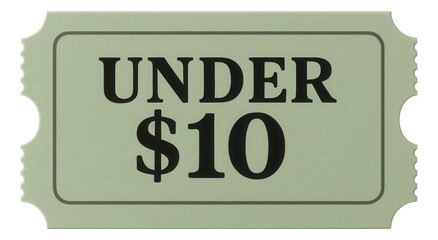Mint green tag sticker with UNDER $10 offer in bold text, clear retail promotion on transparent background.