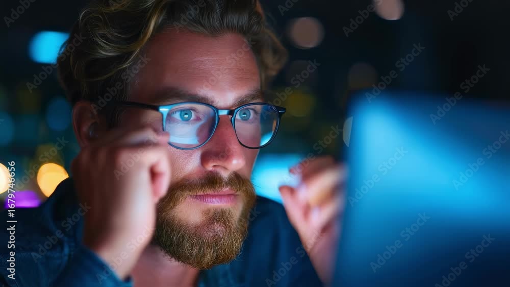 Poster medium shot with focused view of a tech worker wearing bluelight blocking glasses blurred computer s