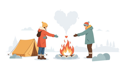 Camping couple warming up near the campfire in winter with love heart in the air