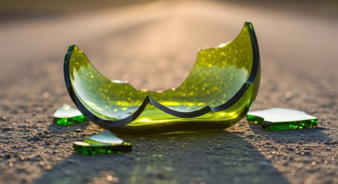 Broken green glass bottle in sunlight on asphalt road reflecting light