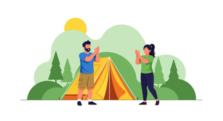 Fototapeta premium Camping Illustration with Couple Clapping in Joy Near Their Tent in Nature