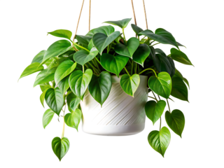 Lush green heart shaped leaves cascading from a white pot isolated on a transparent background plant