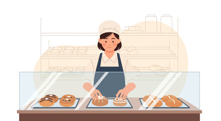 Bakery Scene Depicting Baker Arranging Freshly Baked Goods Behind Glass Counter