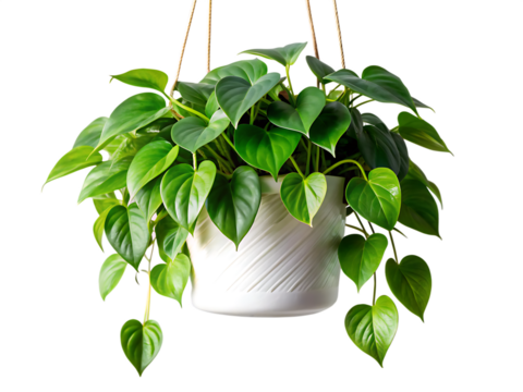 Lush green heart shaped leaves cascading from a white pot isolated on a transparent background plant