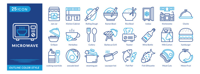 Microwave icon set collection in outline color style. an icon pack contain Rice Bowl,Icebox,Kitchenette,Cloche,Grillpan,Herbaltea,Cutlery,Barbecue Grill,Toaster,Microwave