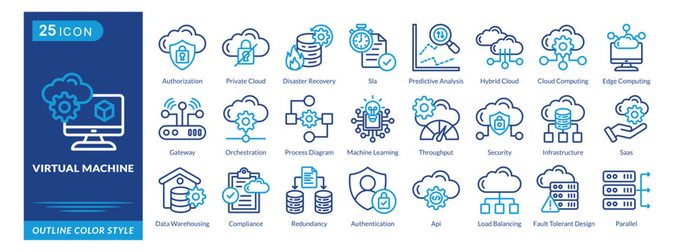 Virtual Machine icon set collection in outline color style. an icon pack contain Authorization,Sla,Predictive,Analysis,Orchestration,Throughput,Saas,Compliance,Redundancy,Authentication,Api