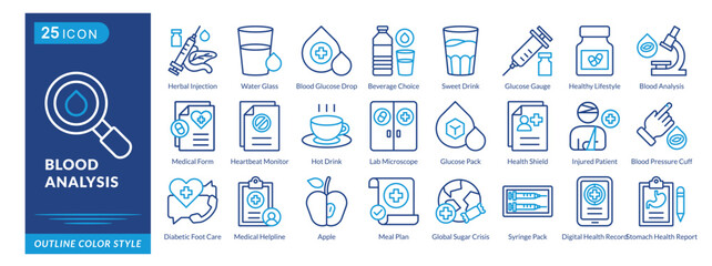 Blood Analysis icon set collection in outline color style. an icon pack contain Herbal Injection,Water Glass,Blood Glucose Drop,Glucose Gauge,Healthy Lifestyle,Blood Analysis