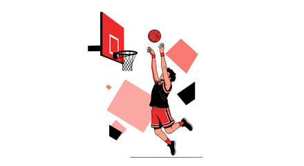 Basketball Player Shoots Ball, Vector Illustration with Abstract Design and Geometric Shapes