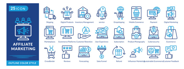 Affiliate Marketing icon set collection in outline color style. an icon pack contain Shipping,Fulfillment,Digital,Products,Inventory,Management,Dropshipping,Mobile,Commerce