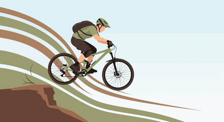 Fototapeta premium Biker Descending Steep Mountain Trail, Vector Illustration Of Extreme Cycling Expedition