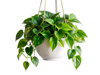 Lush green heart shaped leaves trailing from a white hanging planter isolated on a transparent background