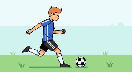 Obraz premium Cartoon Illustration of a Boy Kicking a Soccer Ball on a Green Field