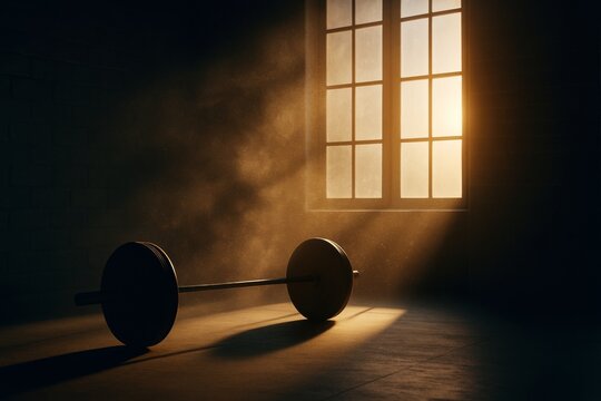 Dramatic gym scene with a barbell bathed in sunlight, capturing a mood of intense focus.
