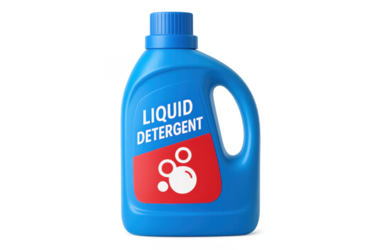 Blue plastic detergent bottle with red label on transparent background
