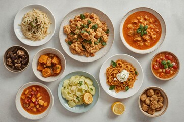 Fototapeta premium Diverse vegetarian meal prep, overhead, kitchen