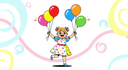 Cartoon illustration of a girl holding colorful balloons, representing childhood happiness