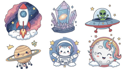Fototapeta premium Whimsical space adventure collection featuring rockets aliens cats and unicorns