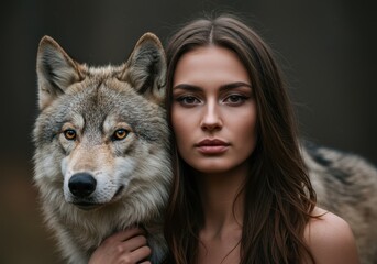 A woman and a wolf share a close, beautiful moment together, in a peaceful setting