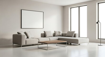 Modern living room with l-shaped sofa and large windows offers natural light and comfort