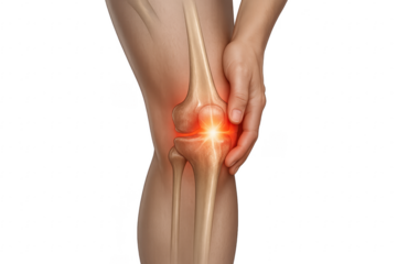 Woman holding painful knee with transparent background