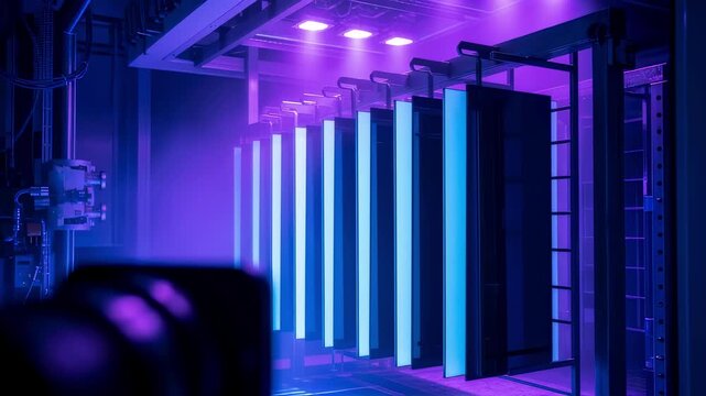 Electrochromic smartglass panels inside a coating chamber illuminated under UV light as part of curing process in modern glazing technology.