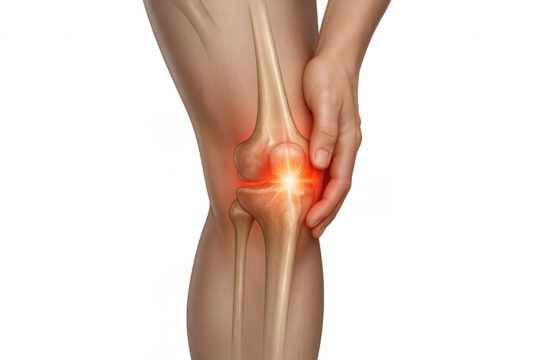 Woman holding painful knee with transparent background