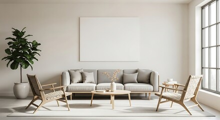 Cozy living room with plush sofa and accent chairs featuring a large blank canvas