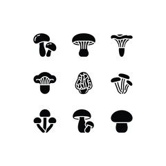 Collection of nine distinct black mushroom icons with detailed caps and stems representing different edible fungi varieties.