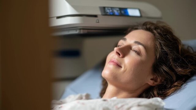 Medium shot capturing a patient resting postGLP1 therapy positioned in the DEXA scanner with the scanning device in sharp focus.