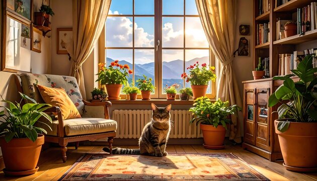 A sun-drenched room, filled with greenery, showcases a charming ambiance.  A tabby cat sits peacefully on a patterned rug in front of a large window, overlooking a mountain vista.